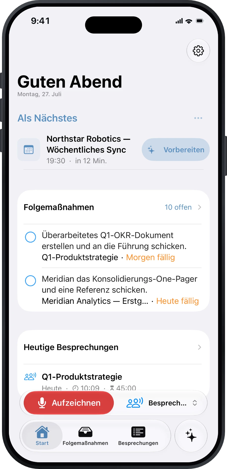 Précis Start mit anstehenden Besprechungen und Folgemaßnahmen