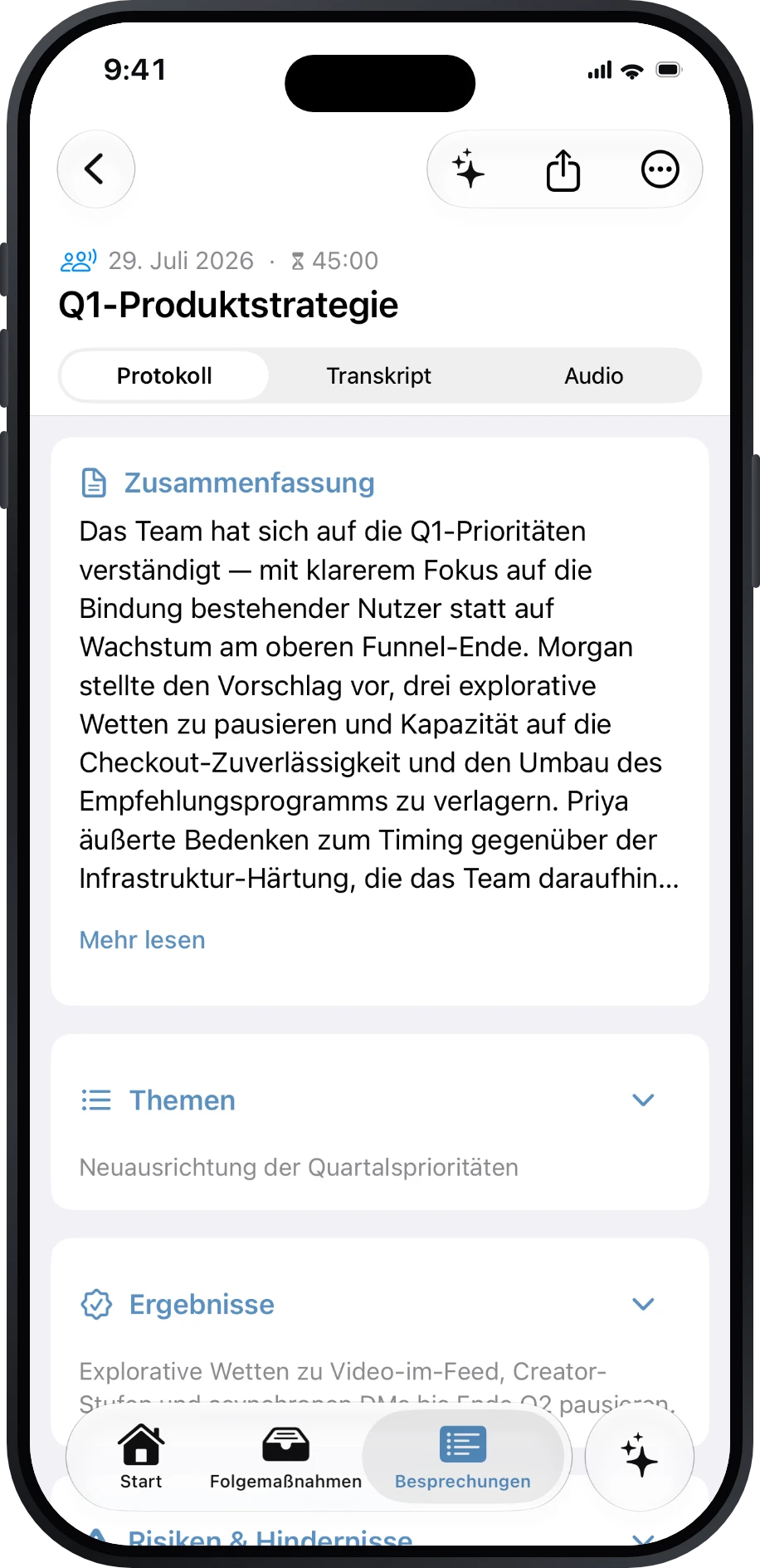 Strukturiertes Précis Protokoll einer Produktstrategiebesprechung