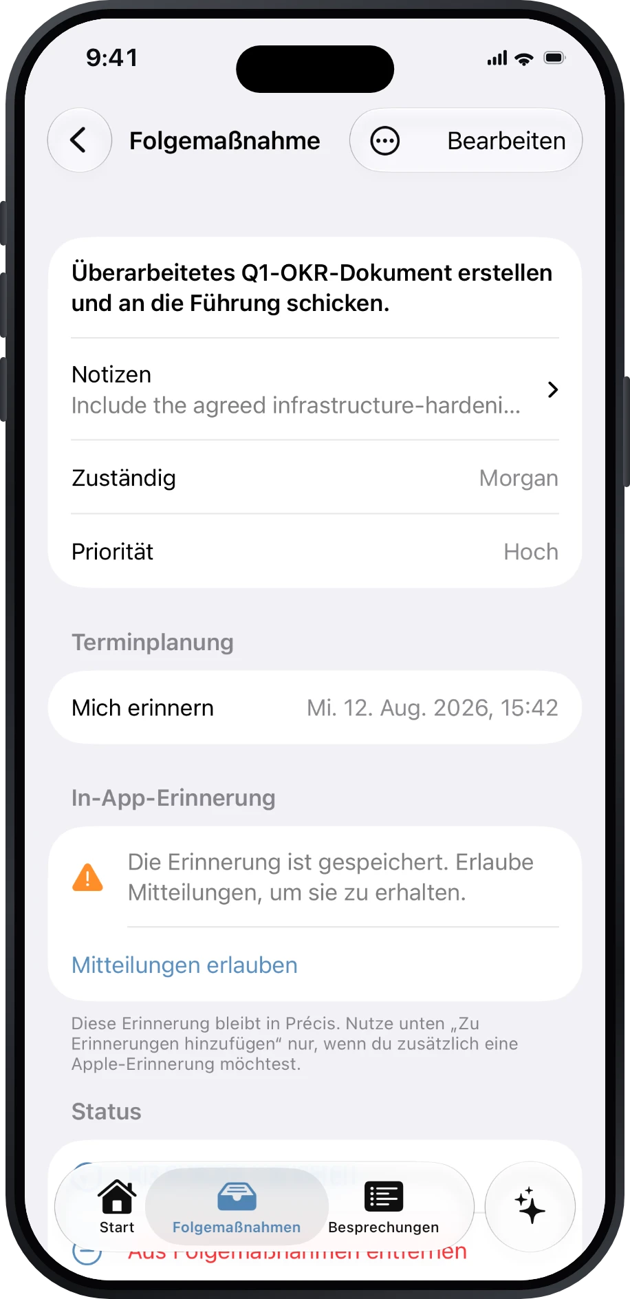Details einer Folgemaßnahme mit Zuständigkeit, Priorität, Fälligkeit und Erinnerung