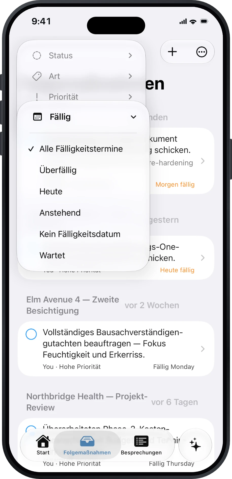 Folgemaßnahmen mit Filtern für Fälligkeit und Warten