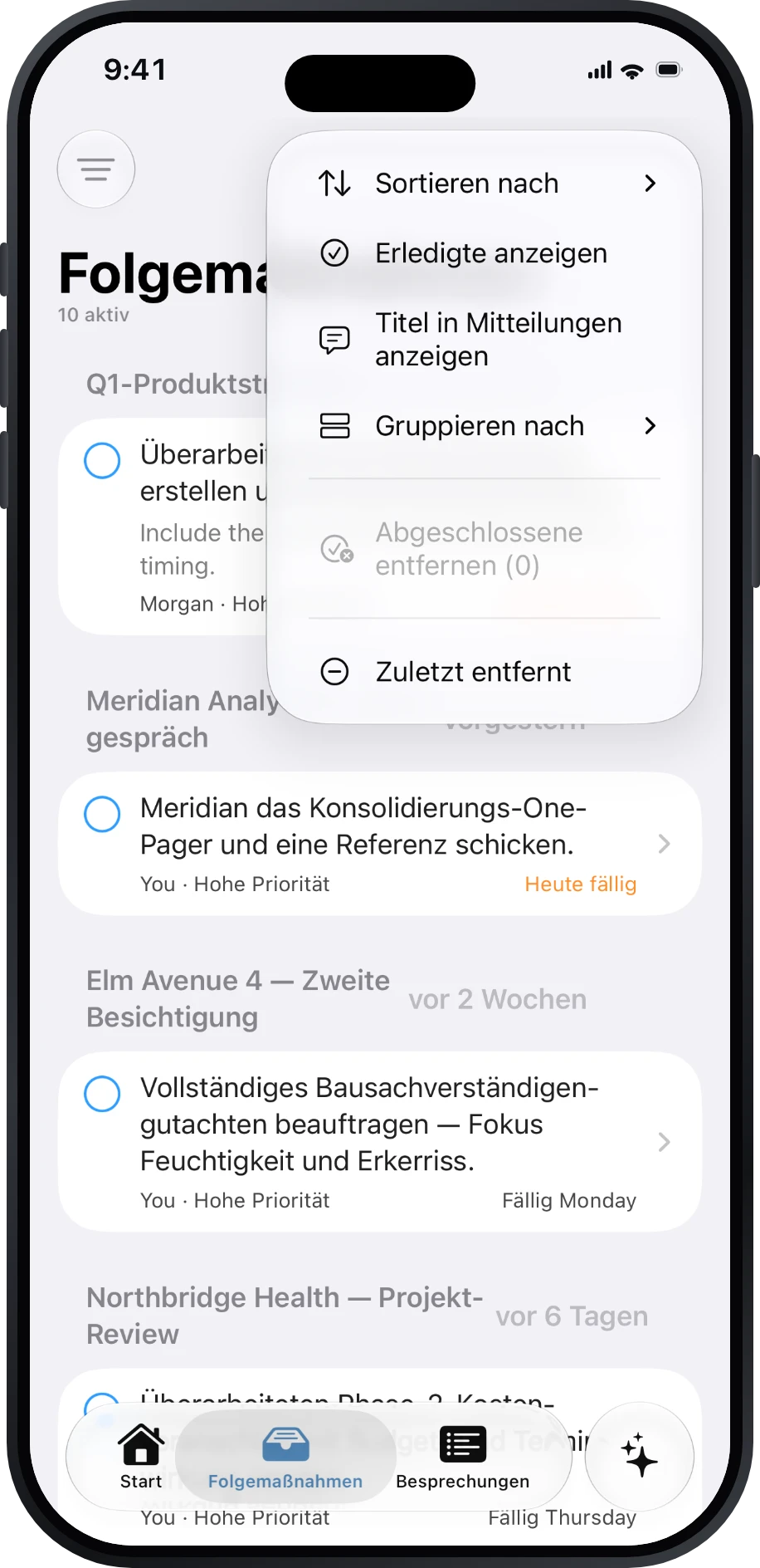 Menü für Folgemaßnahmen mit Sortierung, Gruppierung, erledigten Einträgen und Wiederherstellung