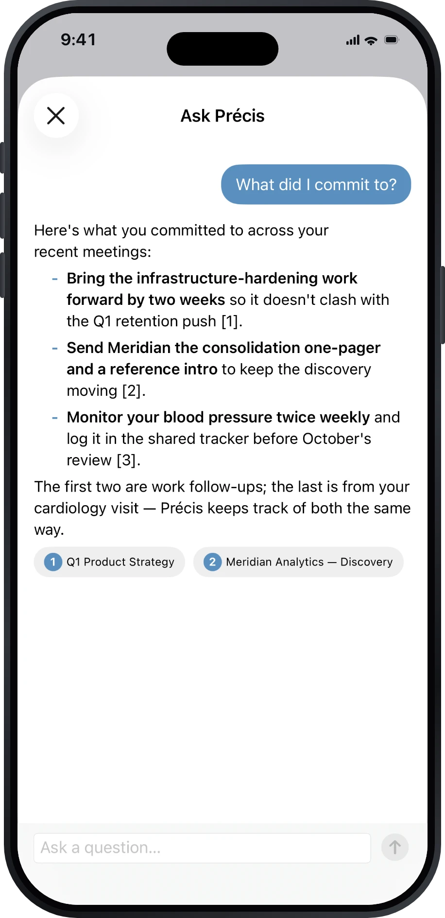 Ask Précis answering a question in plain English, cited to source meetings.