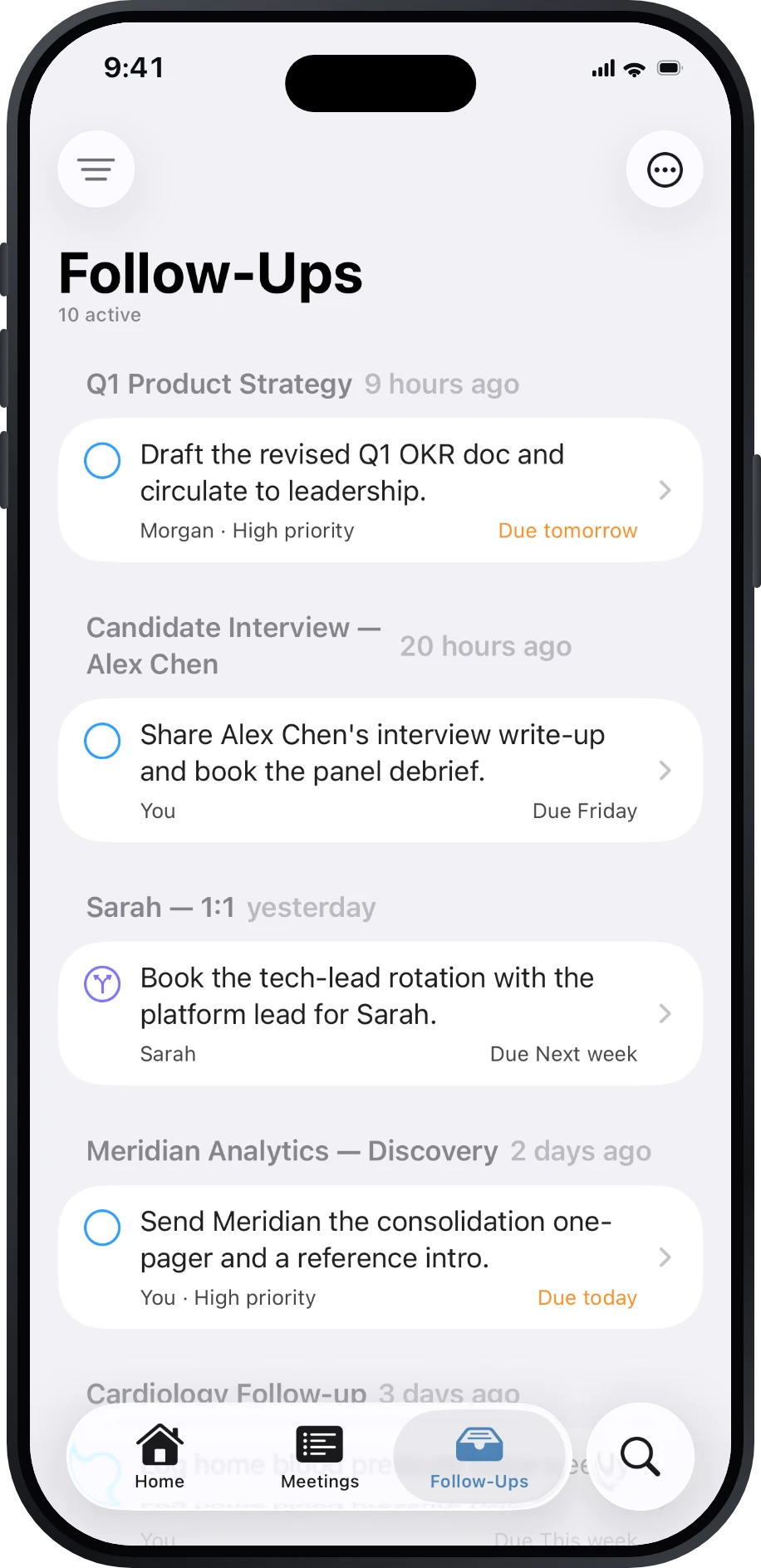 Follow-Ups inbox tracking every action item across meetings.