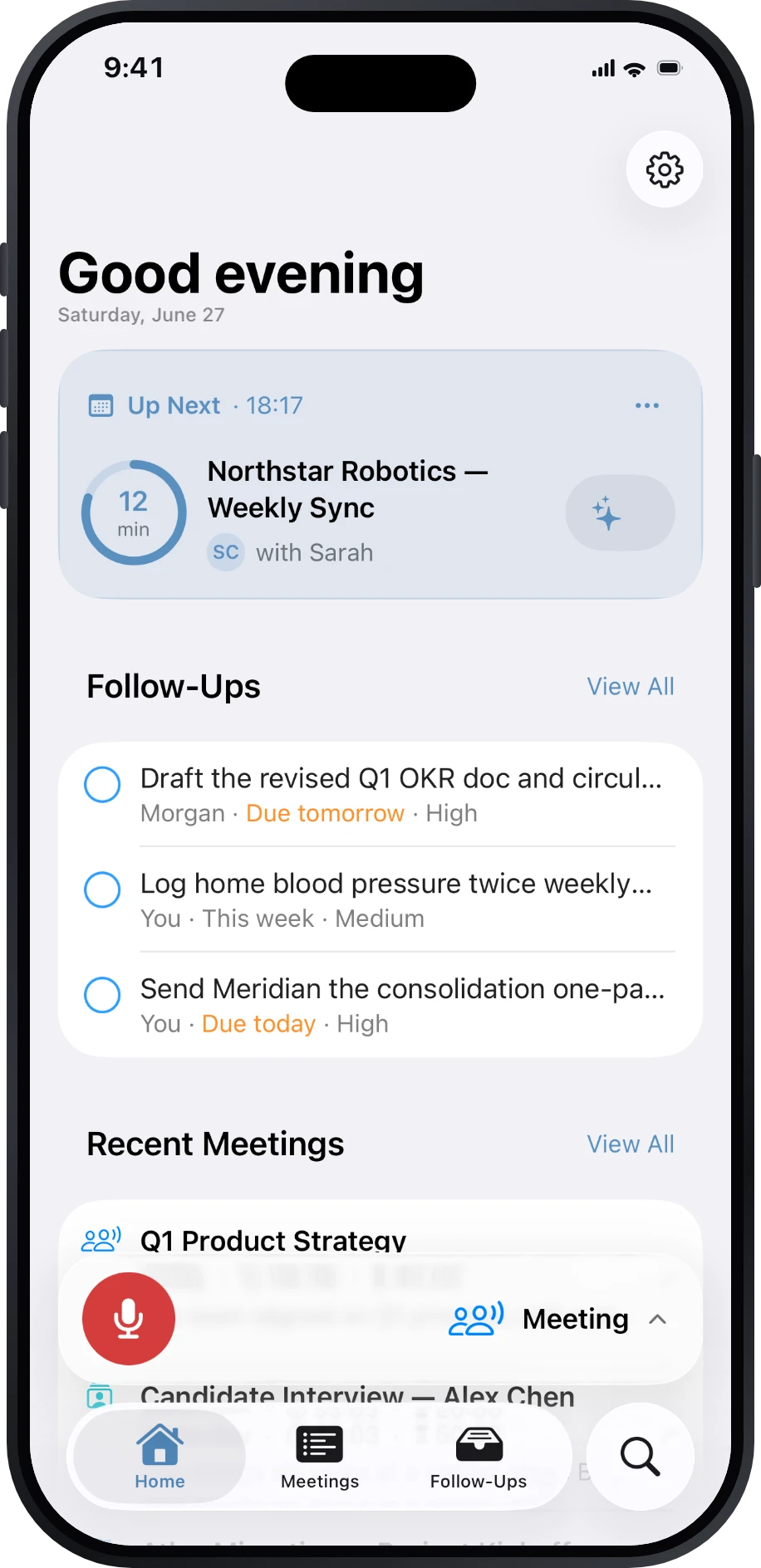 Précis Home screen showing this-week stats, recent meetings, and the record bar.