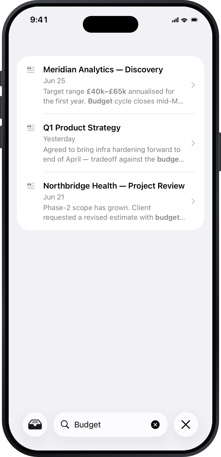 Searching across every recorded meeting by title, transcript, or summary.