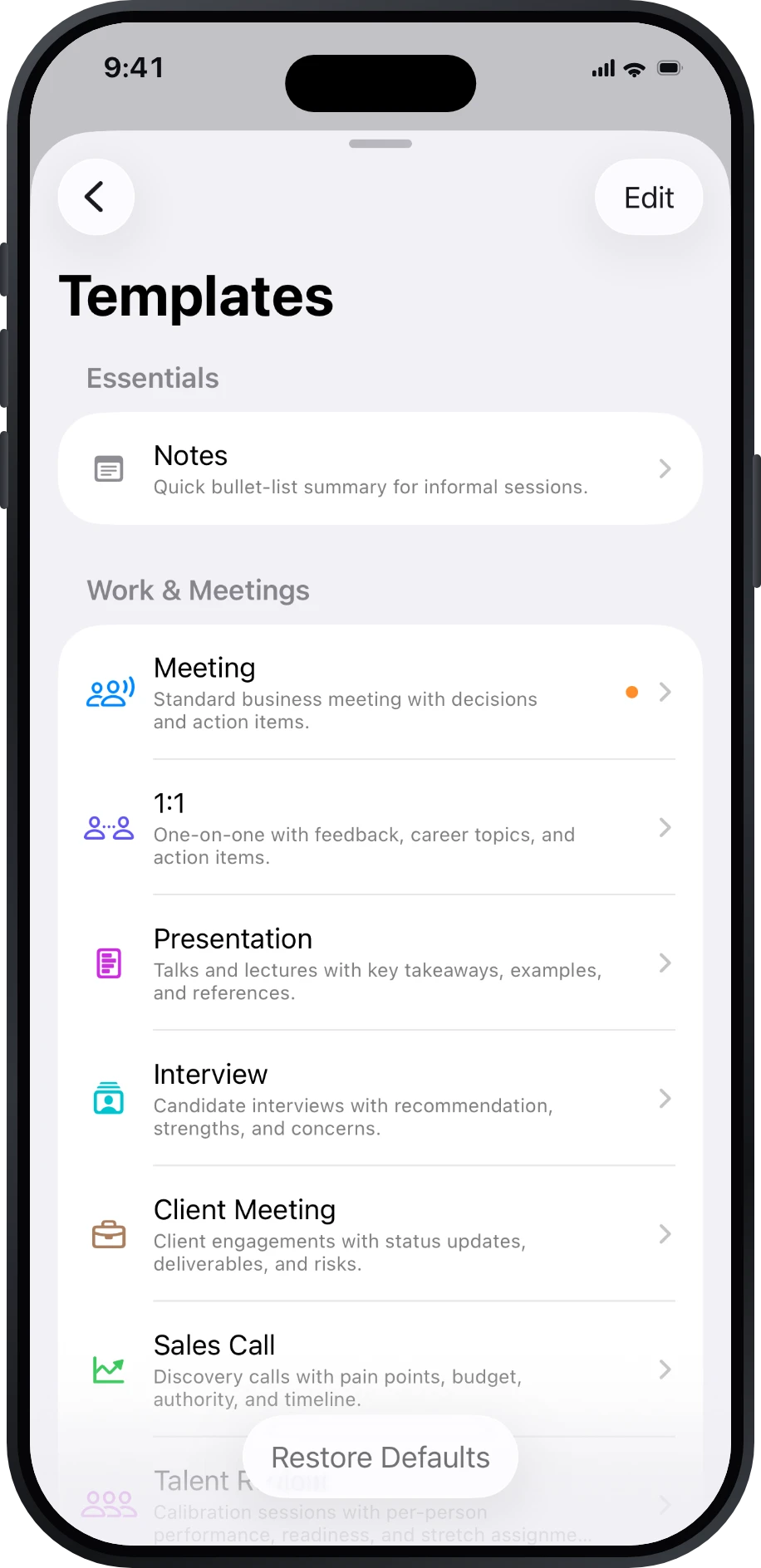 Built-in templates grouped by category.