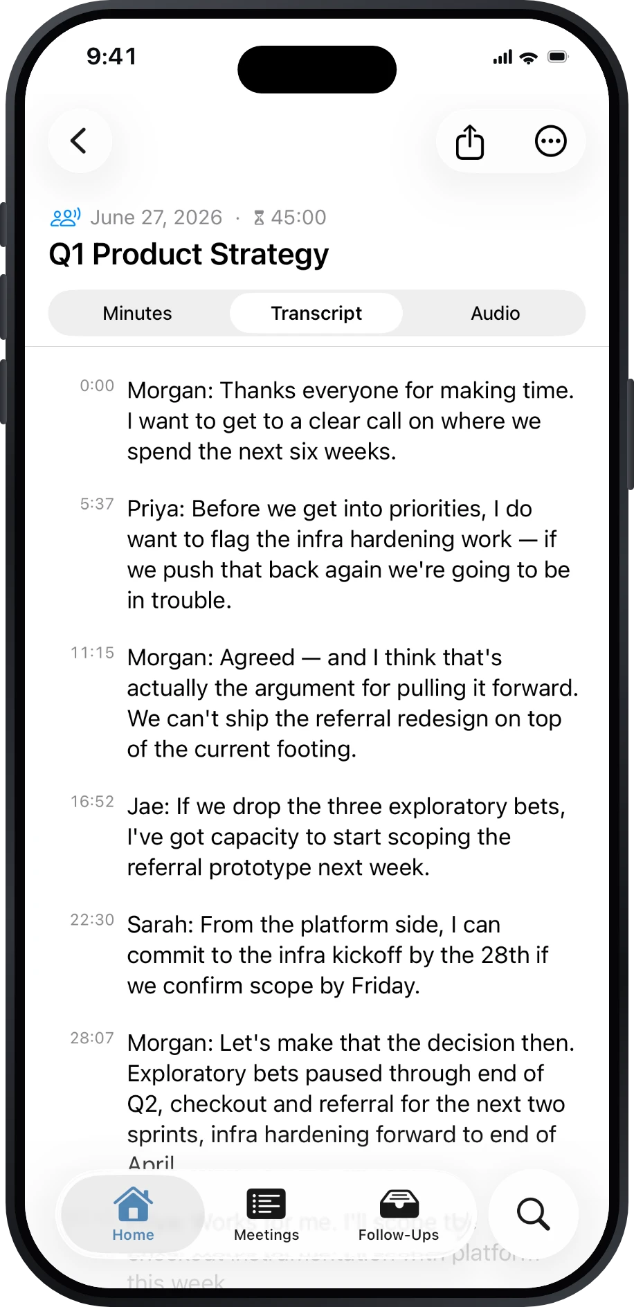 Précis transcript screen showing speaker-attributed, timestamped lines.