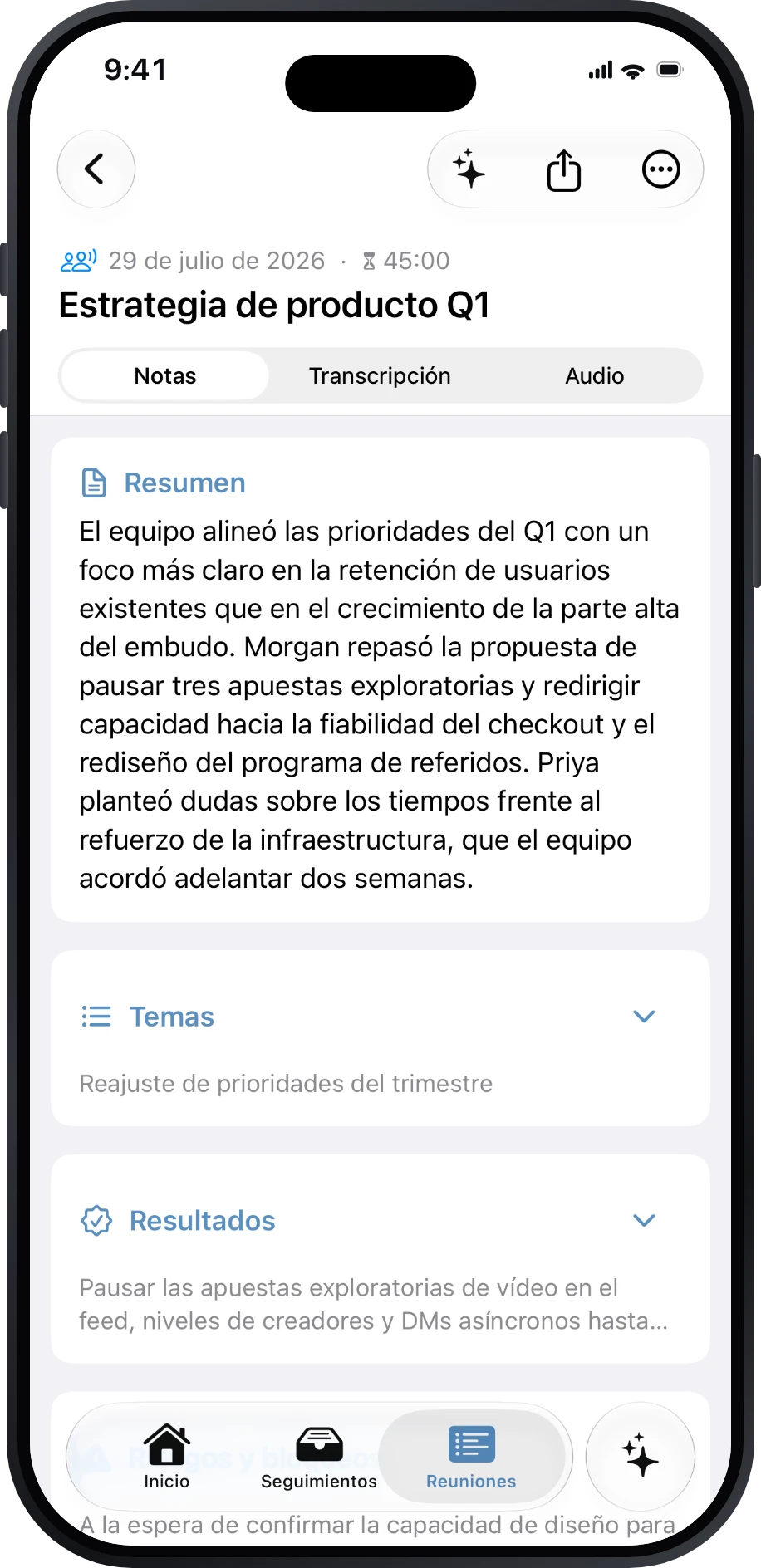 Notas estructuradas de Précis para una junta de estrategia de producto