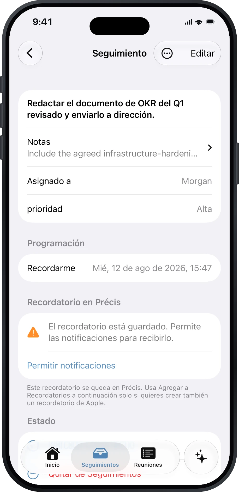 Detalle de un Seguimiento con responsable, prioridad, vencimiento y recordatorio