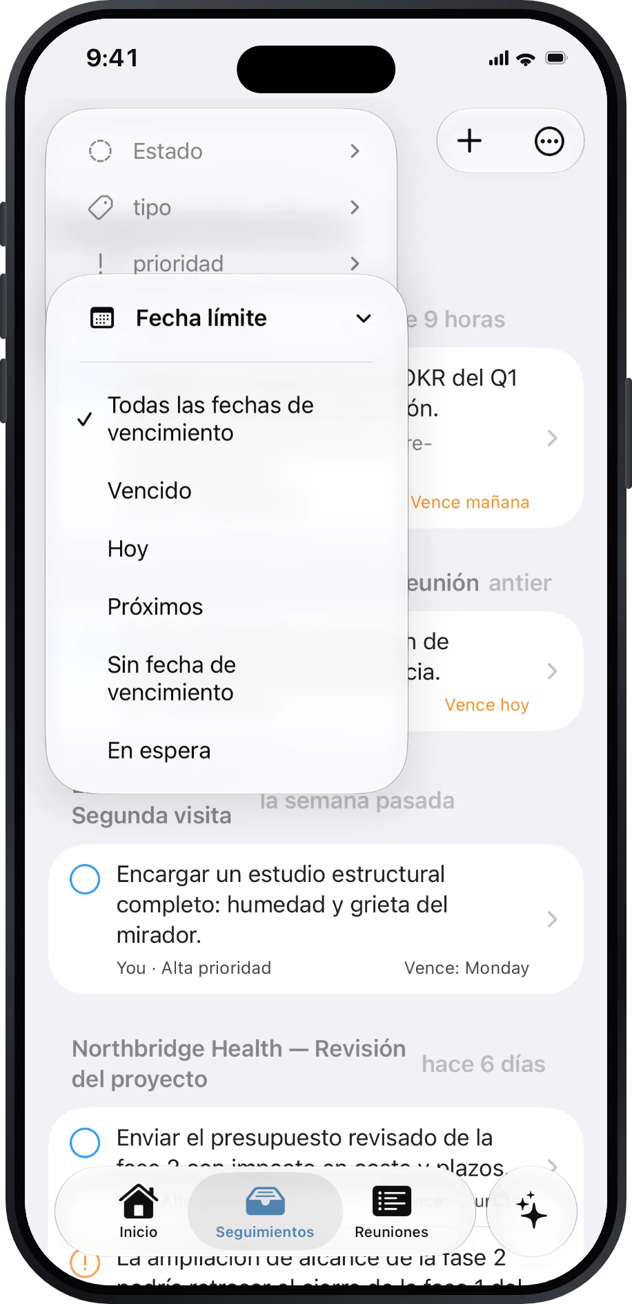 Seguimientos con filtros de vencimiento y En espera