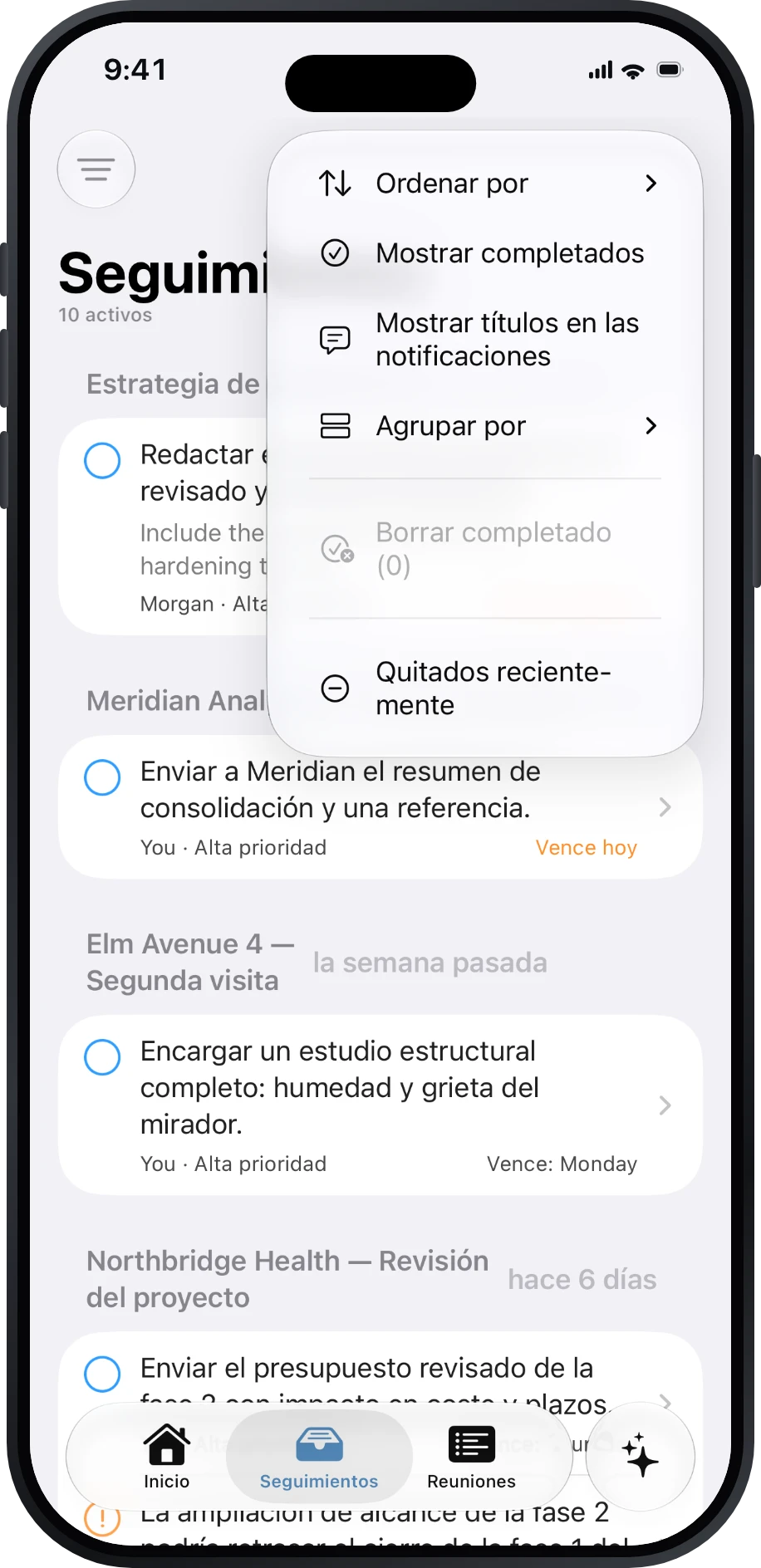 Menú de Seguimientos con orden, agrupación, elementos completados y recuperación
