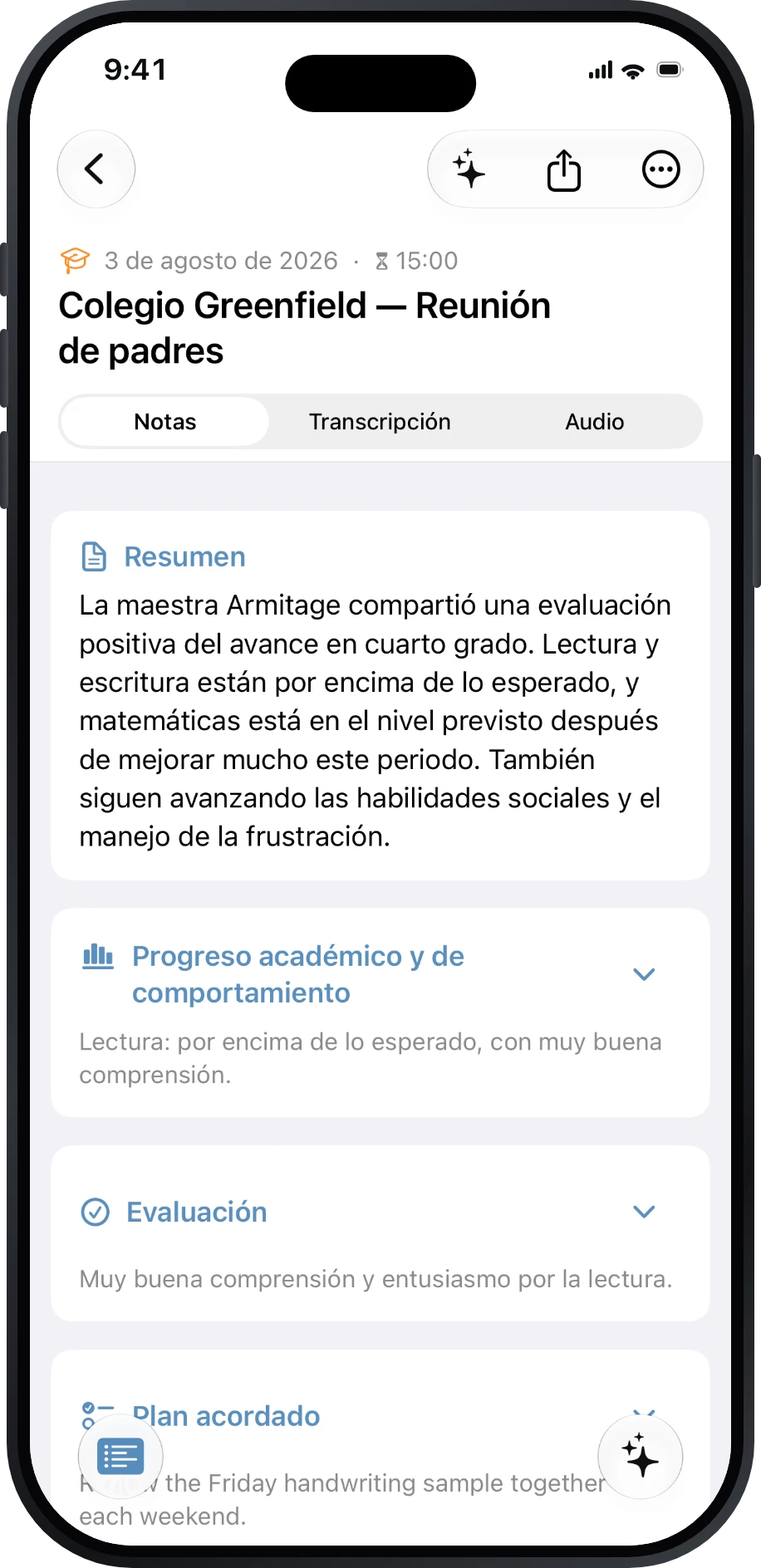 Notas de una reunión entre familia y docentes