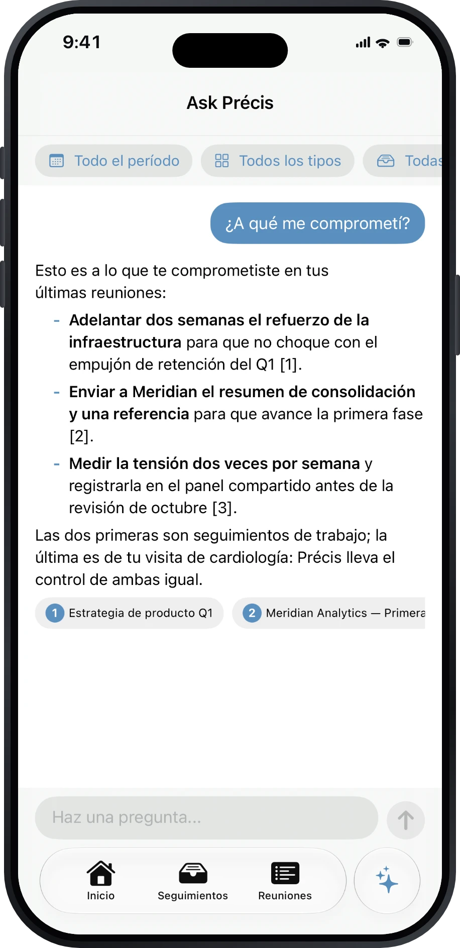 Respuesta de Ask Précis con citas de reuniones