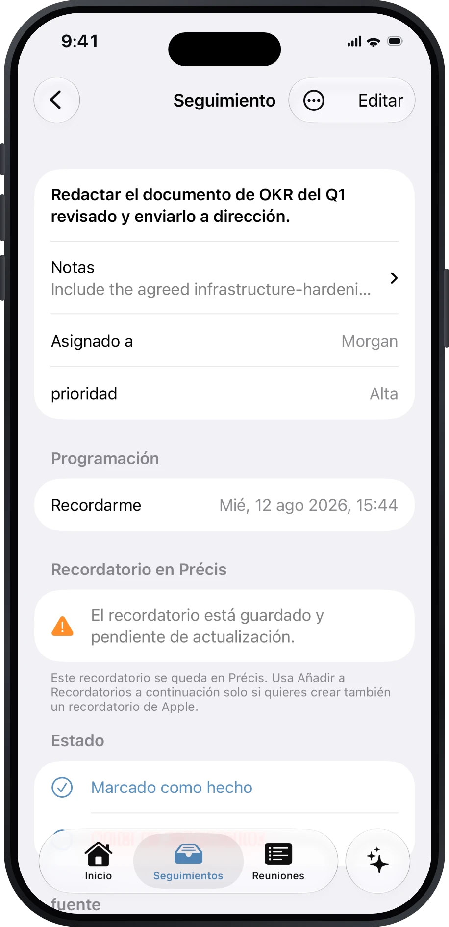 Detalle de un Seguimiento con responsable, prioridad, vencimiento y recordatorio