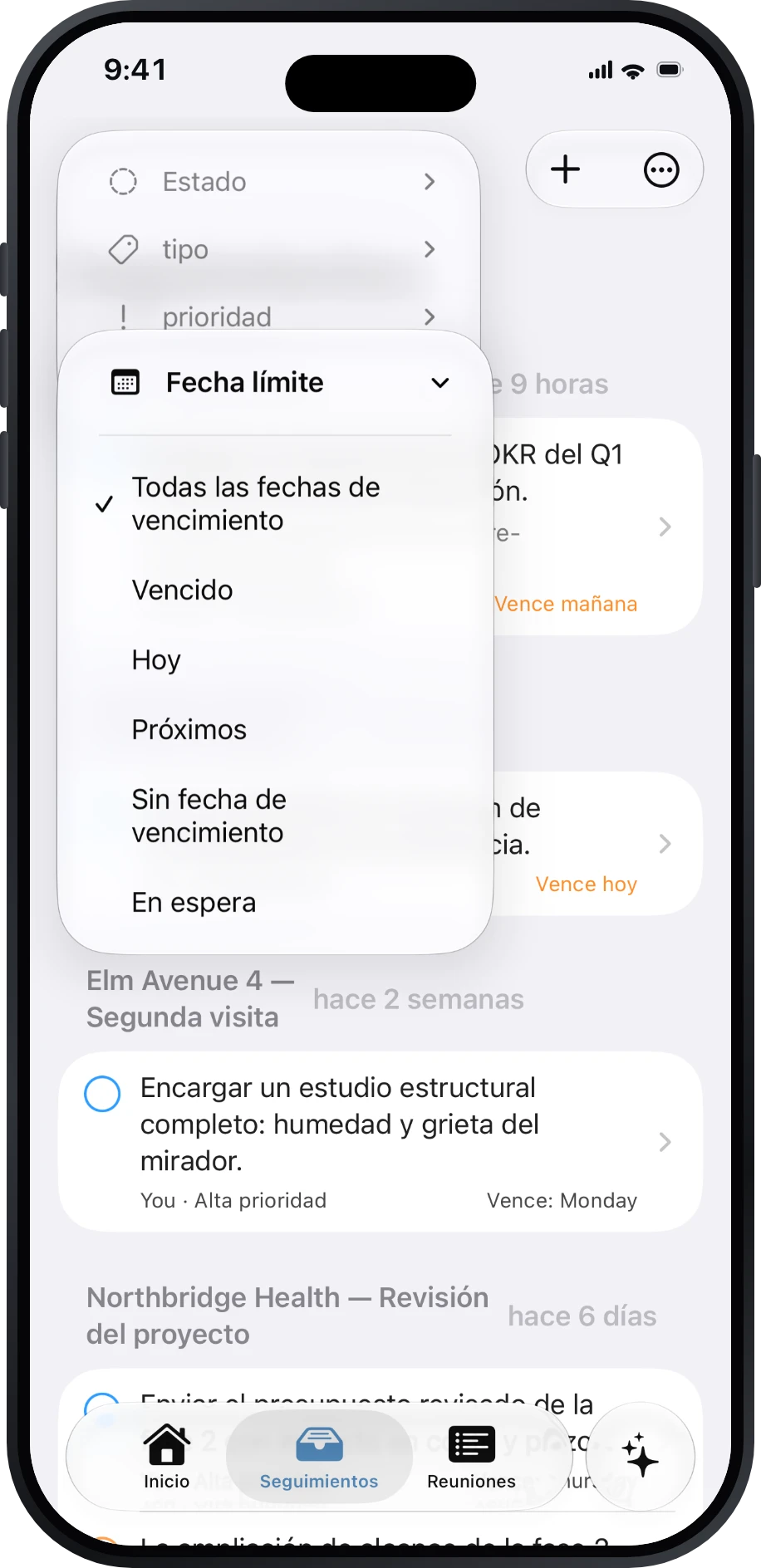 Seguimientos con filtros de vencimiento y En espera