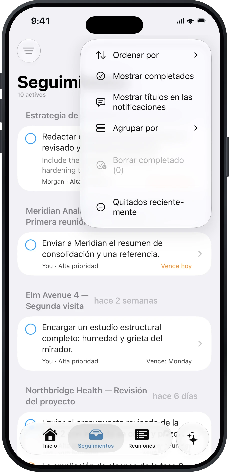 Menú de Seguimientos con orden, agrupación, elementos completados y recuperación