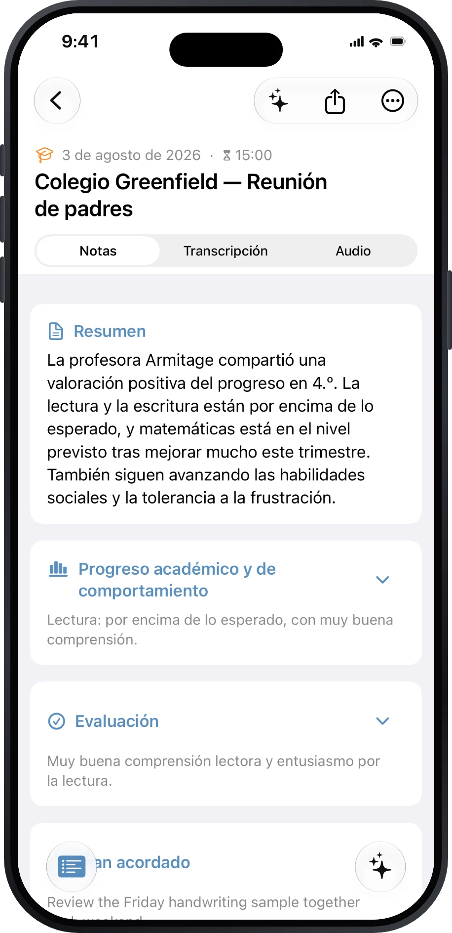 Notas de una reunión entre familia y profesorado