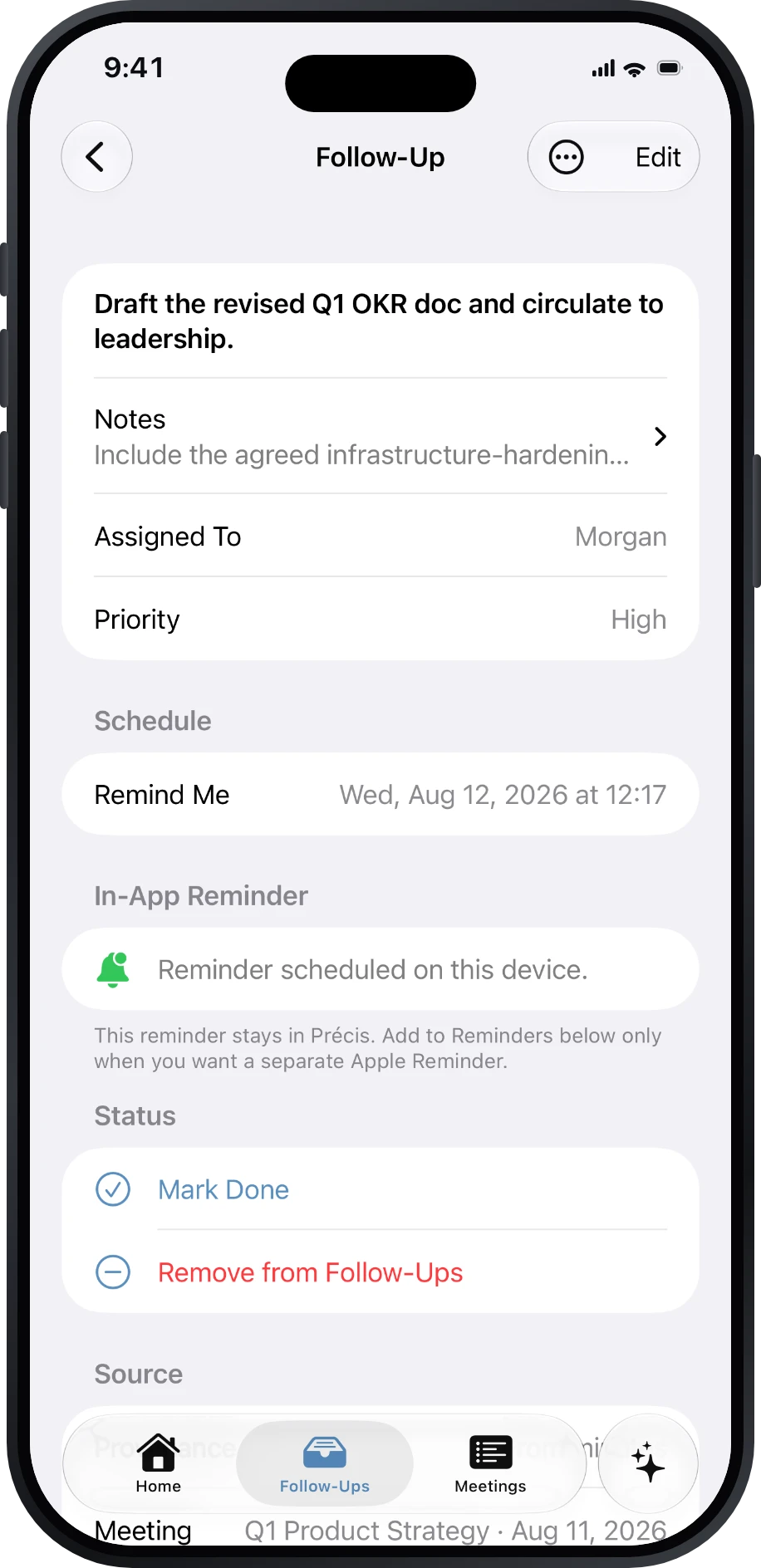 Follow-Up detail with owner, priority, due date, and reminder