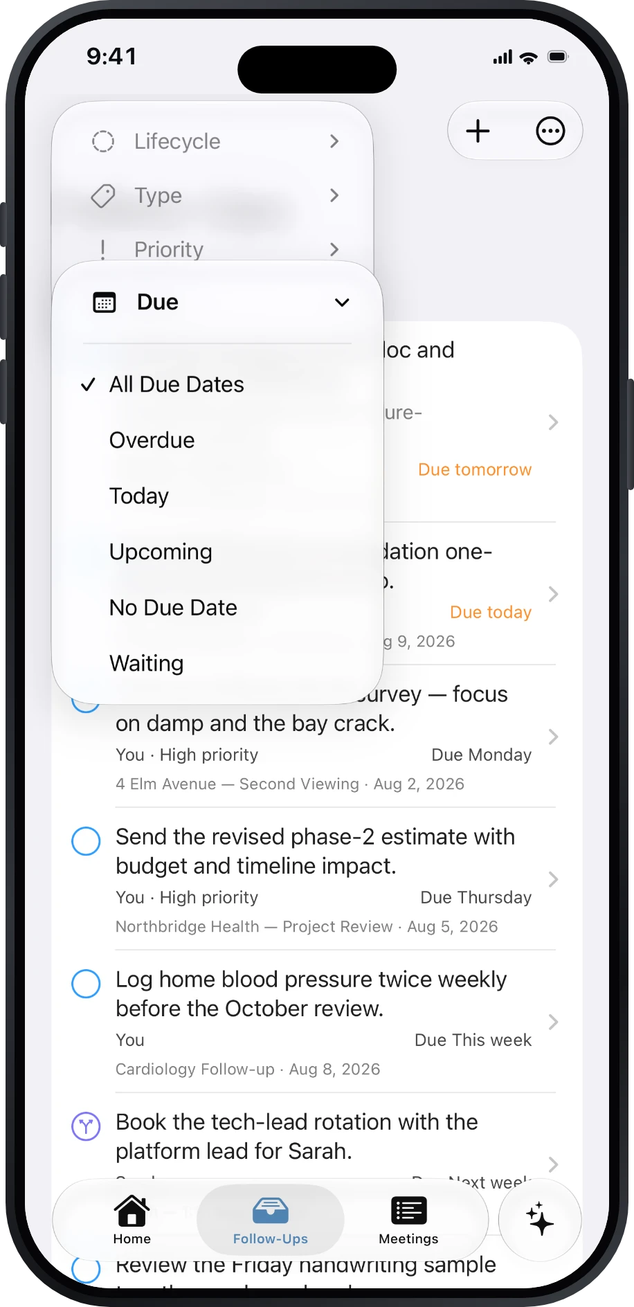 Follow-Ups queue with Due and Waiting filters