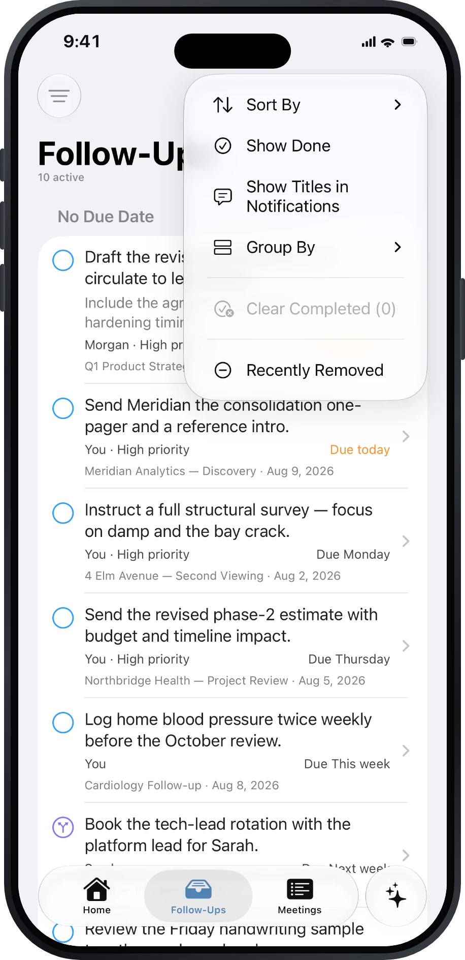 Follow-Ups menu with sorting, grouping, completed items, and recovery controls