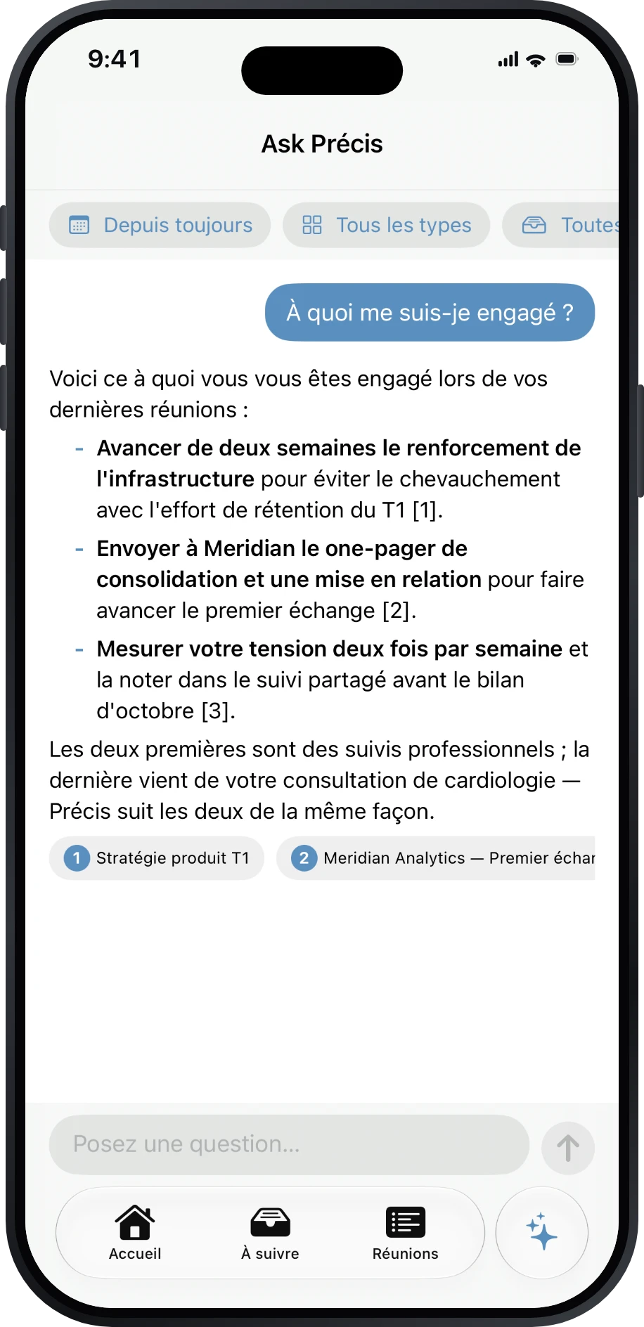 Réponse d’Ask Précis avec citations de réunions