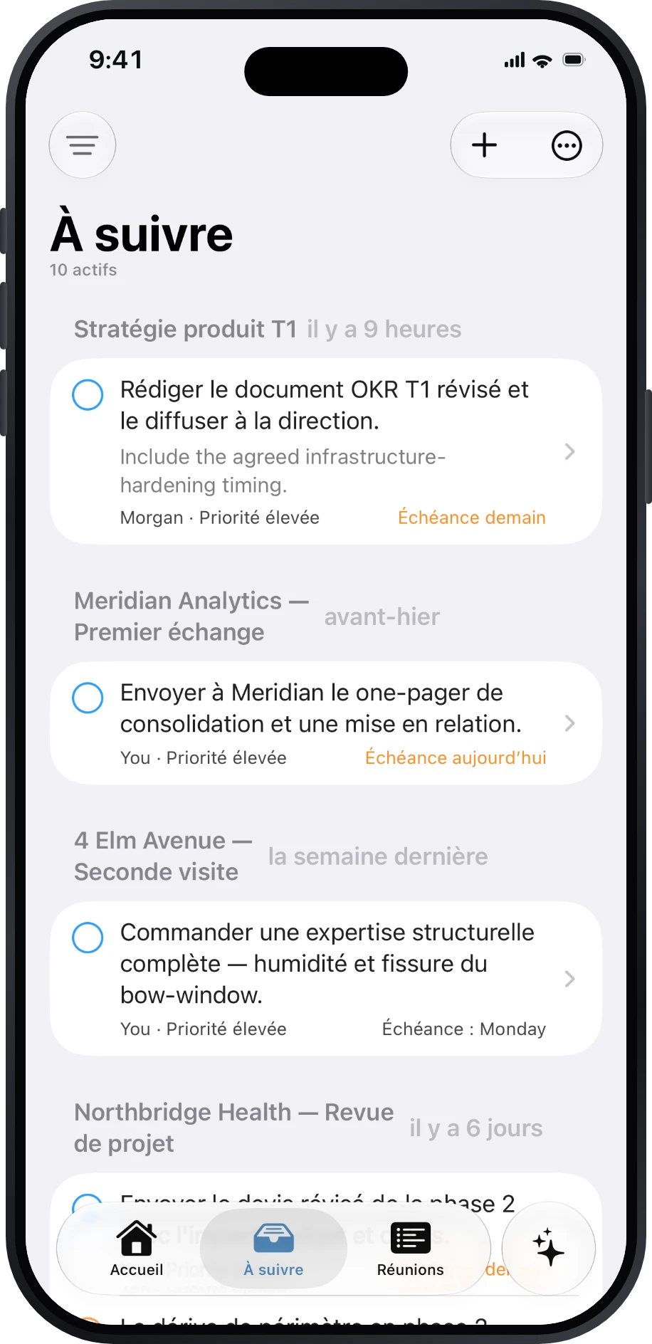 Liste des éléments À suivre de Précis regroupés par réunion d’origine