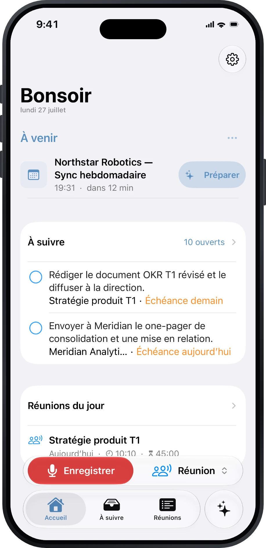 Accueil de Précis avec les prochaines réunions et les éléments À suivre