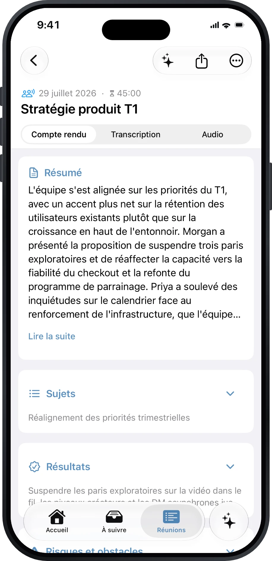 Compte rendu structuré de Précis pour une réunion de stratégie produit