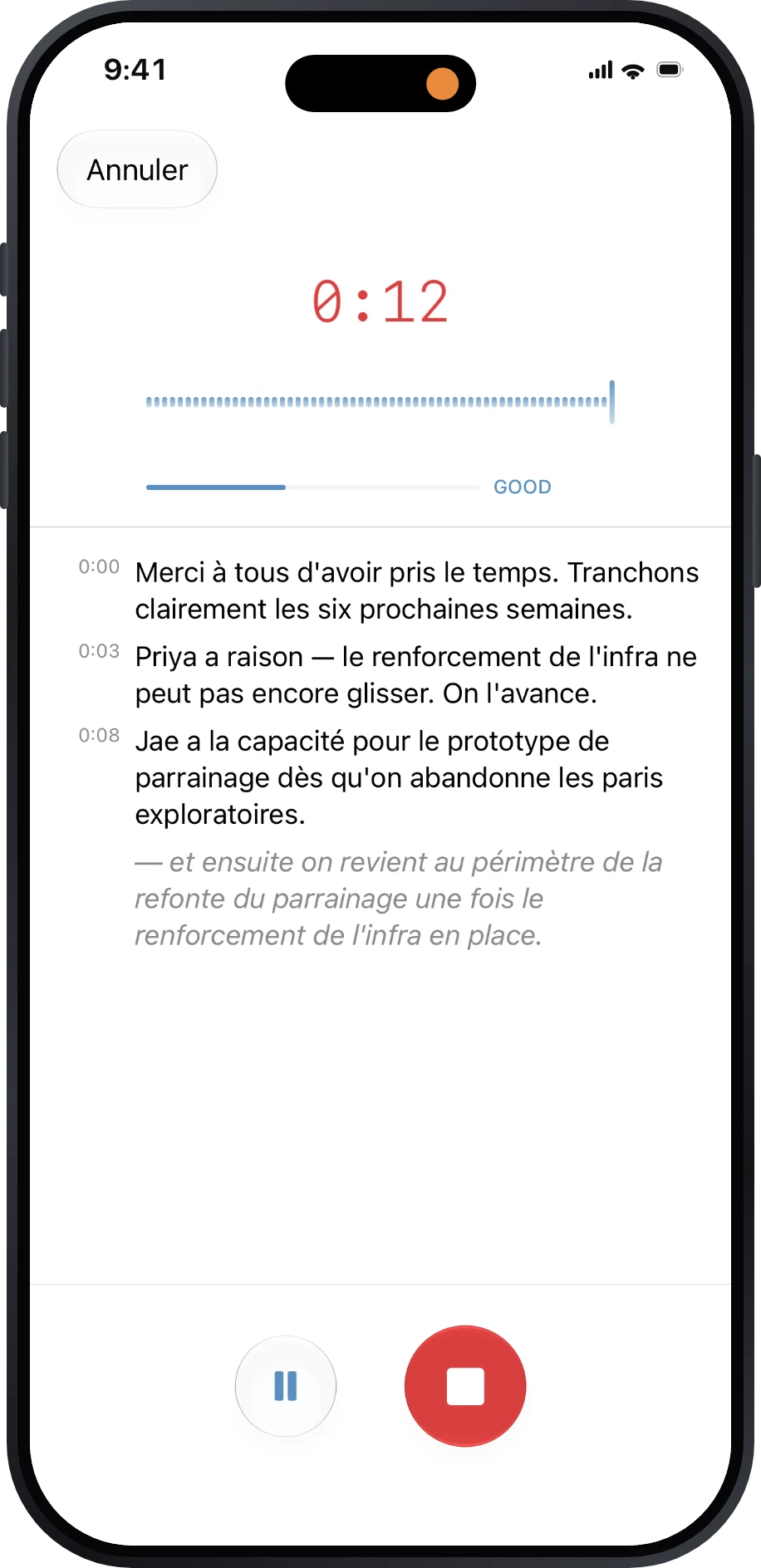 Écran d’enregistrement de Précis avec transcription en direct