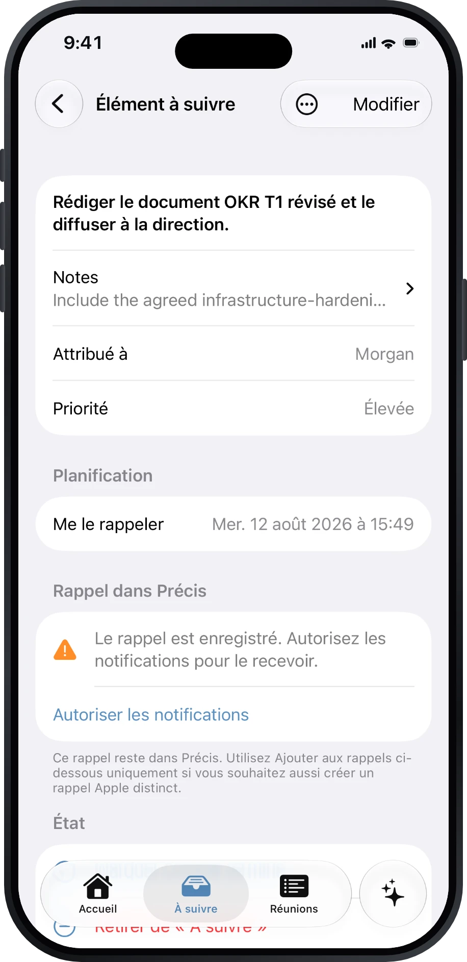 Détail d’un élément À suivre avec responsable, priorité, échéance et rappel