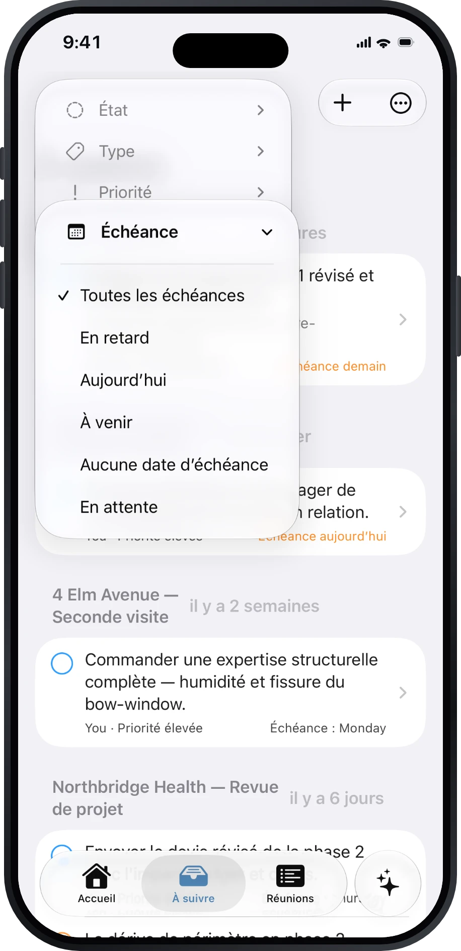 Éléments À suivre avec filtres d’échéance et d’attente