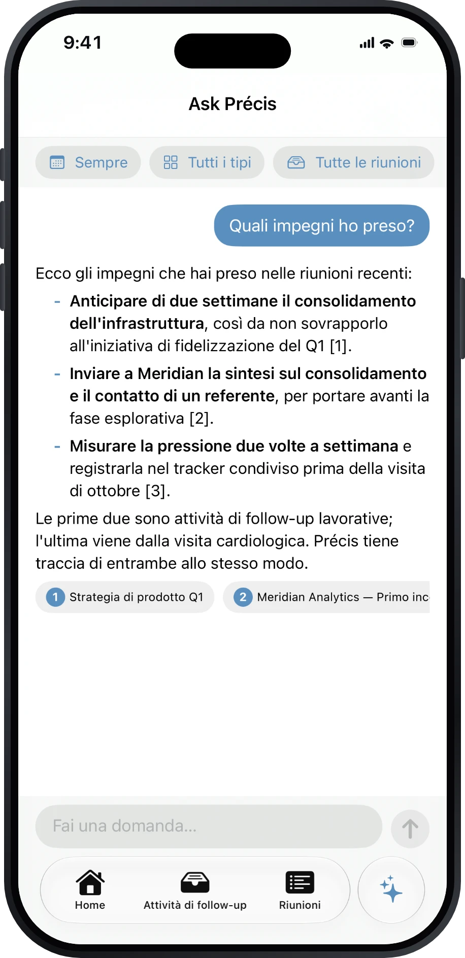 Risposta di Ask Précis con citazioni delle riunioni