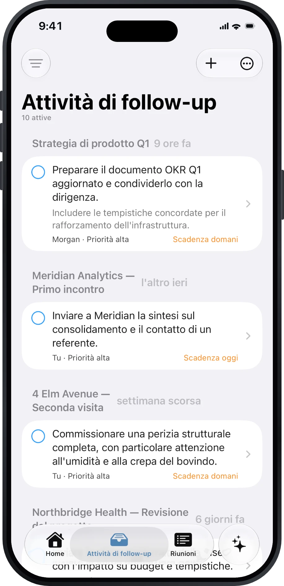 Elenco delle attività di follow-up di Précis raggruppate per riunione di origine