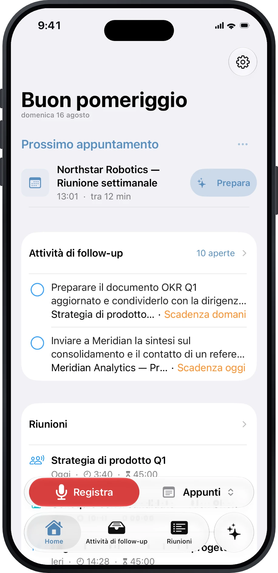 Home di Précis con le prossime riunioni e le attività di follow-up