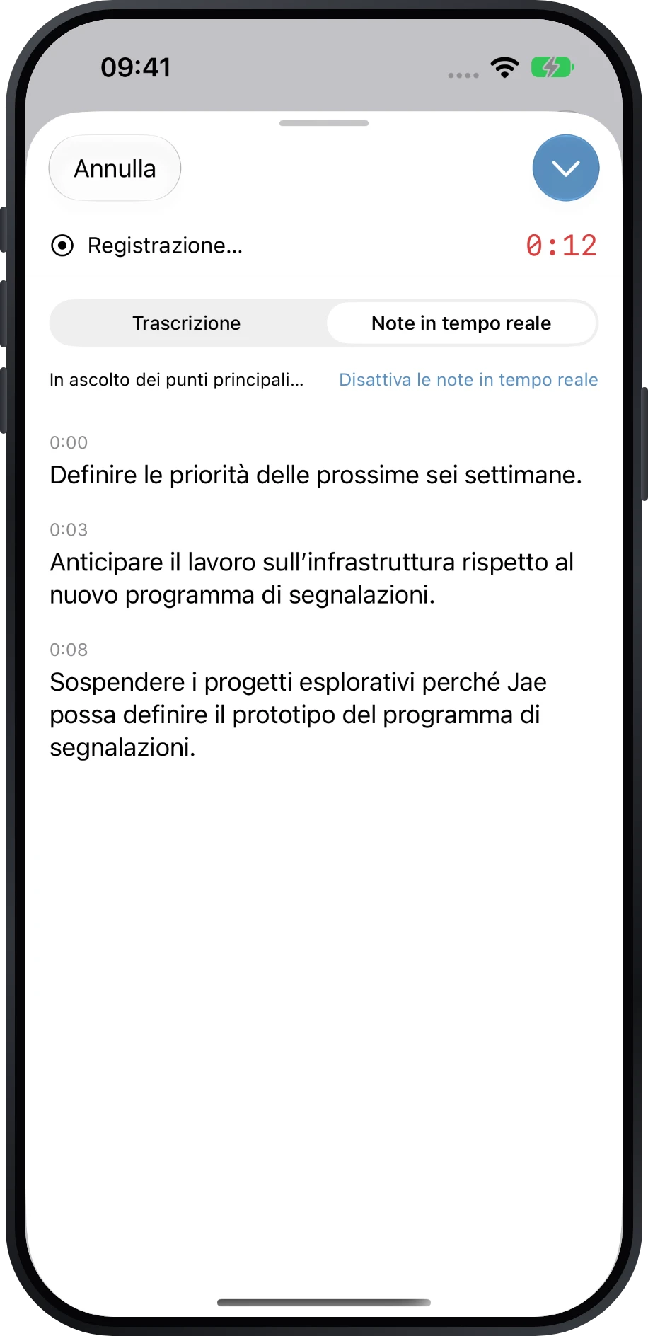 Note in tempo reale