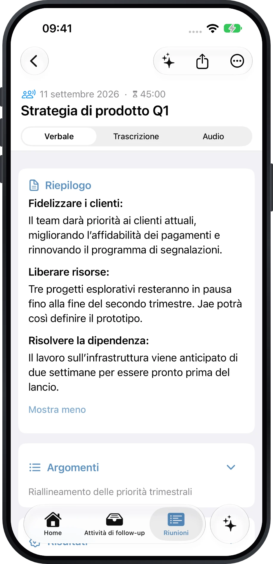 Verbale strutturato di Précis con riepilogo e sezioni della riunione