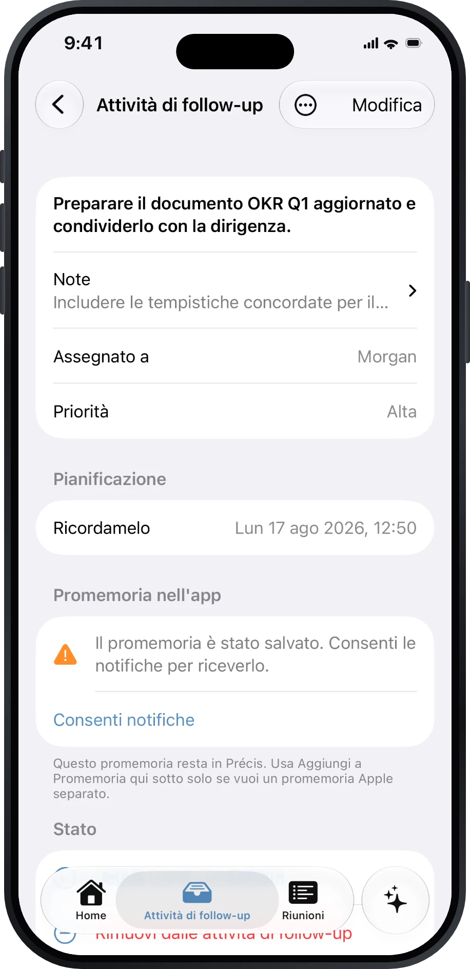 Dettagli di un’attività di follow-up con responsabile, priorità, scadenza e promemoria
