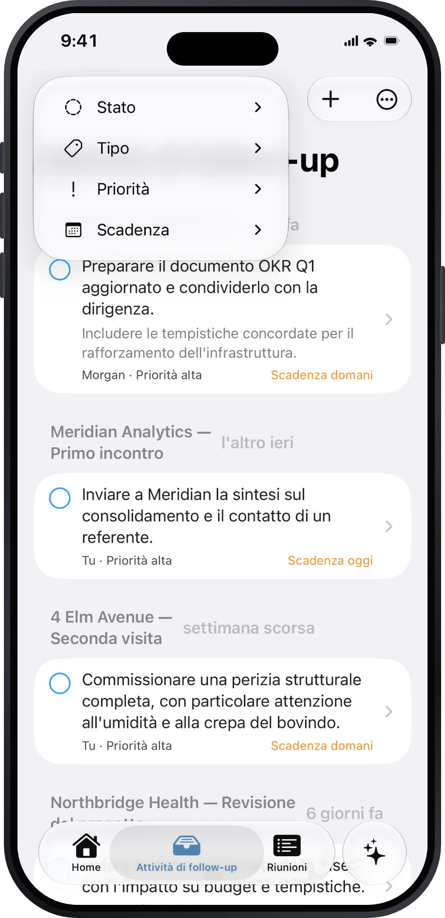 Elenco delle attività di follow-up con i filtri Scadenza e In attesa