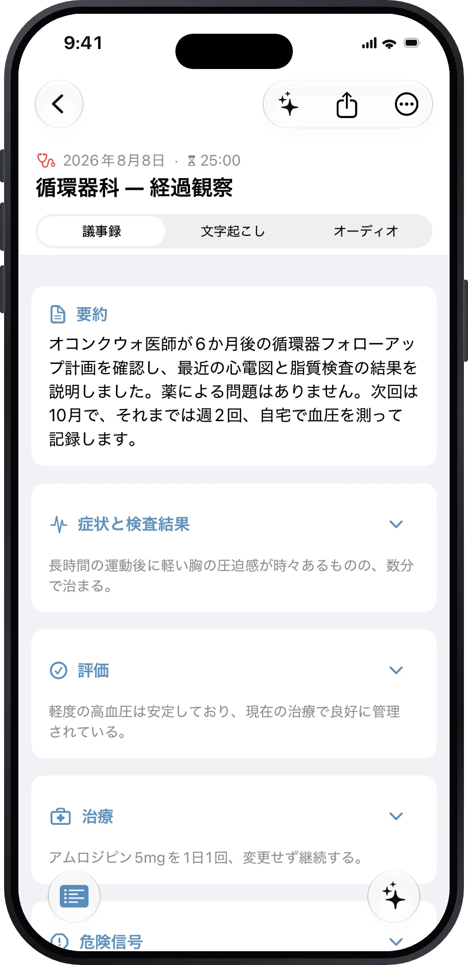循環器科の再診をまとめた議事録