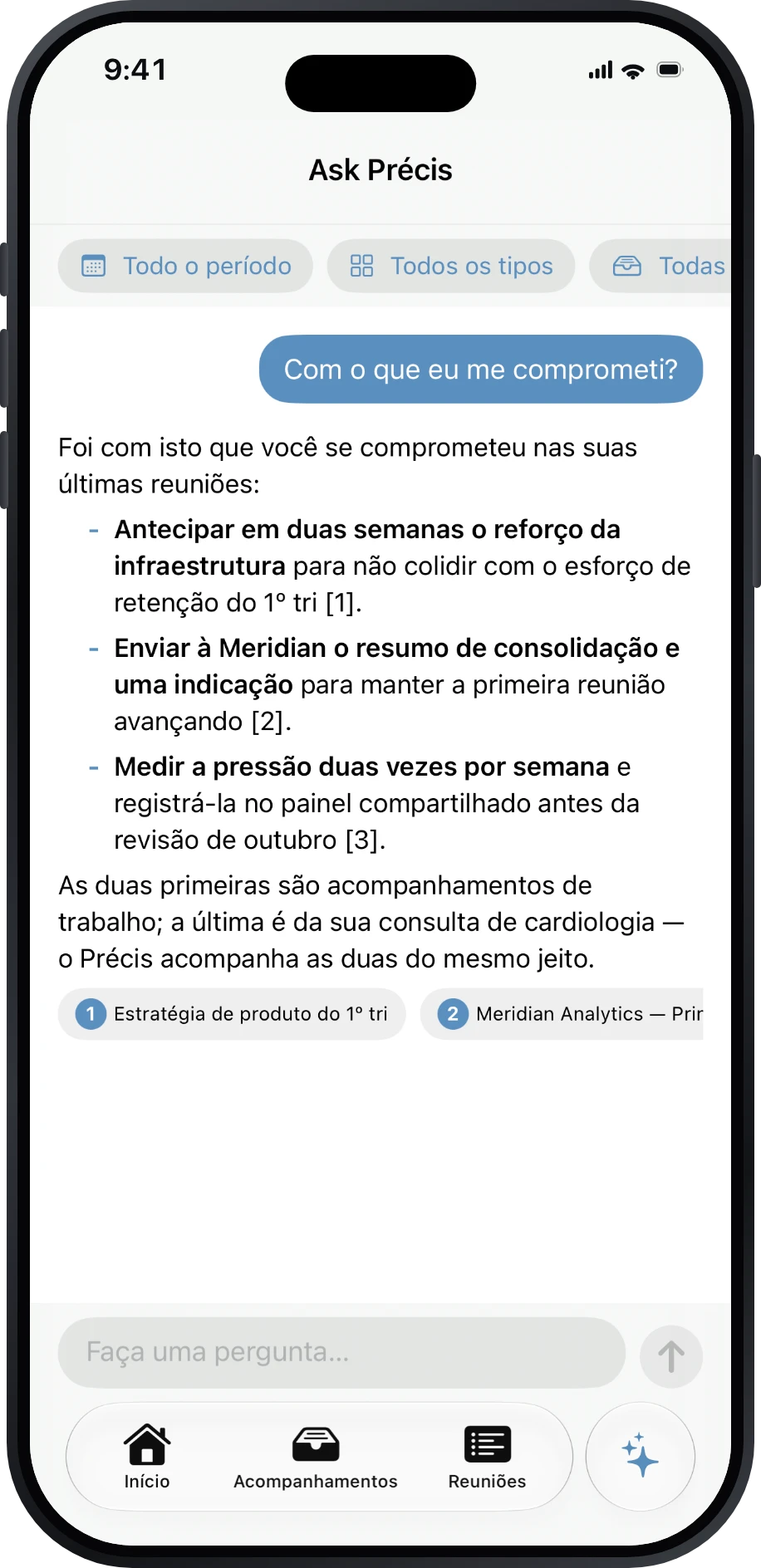 Resposta do Ask Précis com citações de reuniões