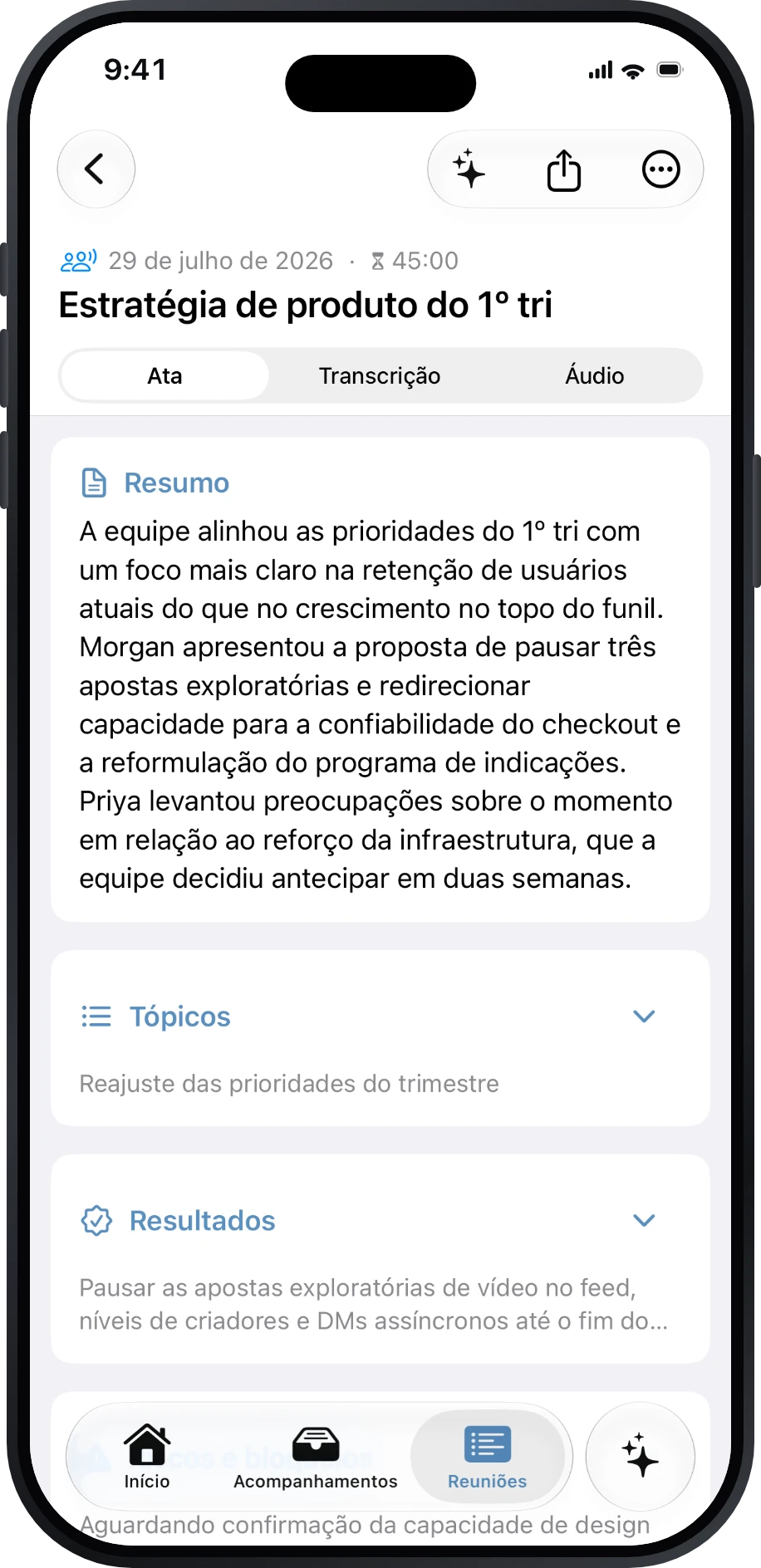Ata estruturada do Précis com resumo e seções da reunião