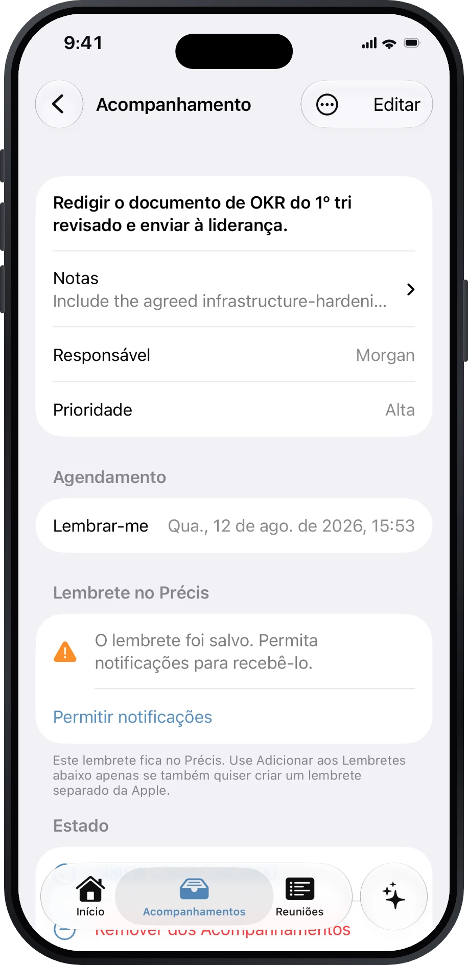 Detalhes de um Acompanhamento com responsável, prioridade, data de entrega e lembrete