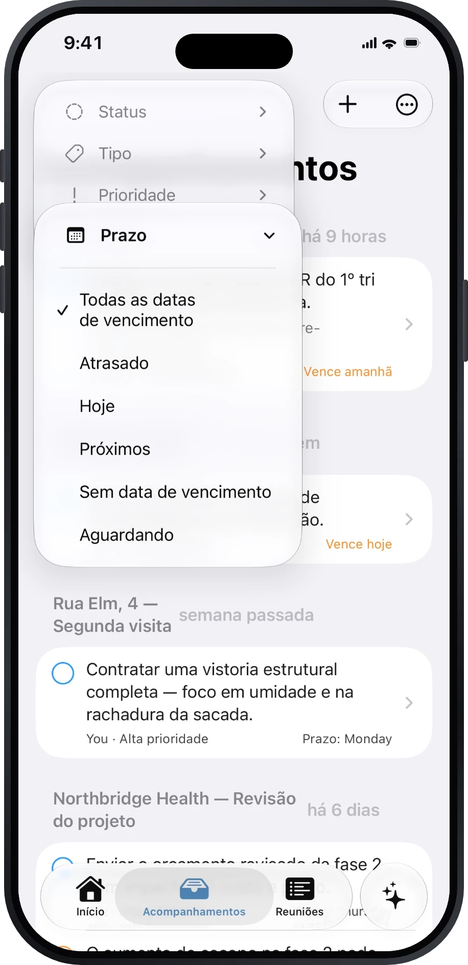 Acompanhamentos com filtros de prazo e Aguardando