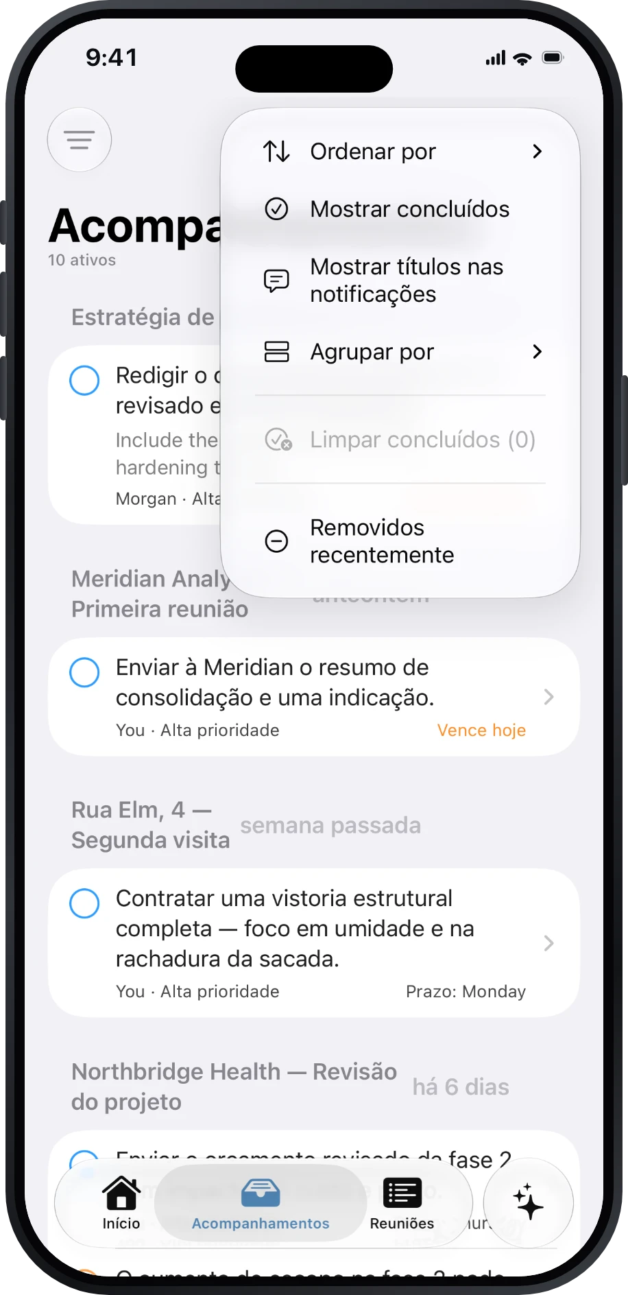 Menu de Acompanhamentos com ordenação, agrupamento, itens concluídos e recuperação