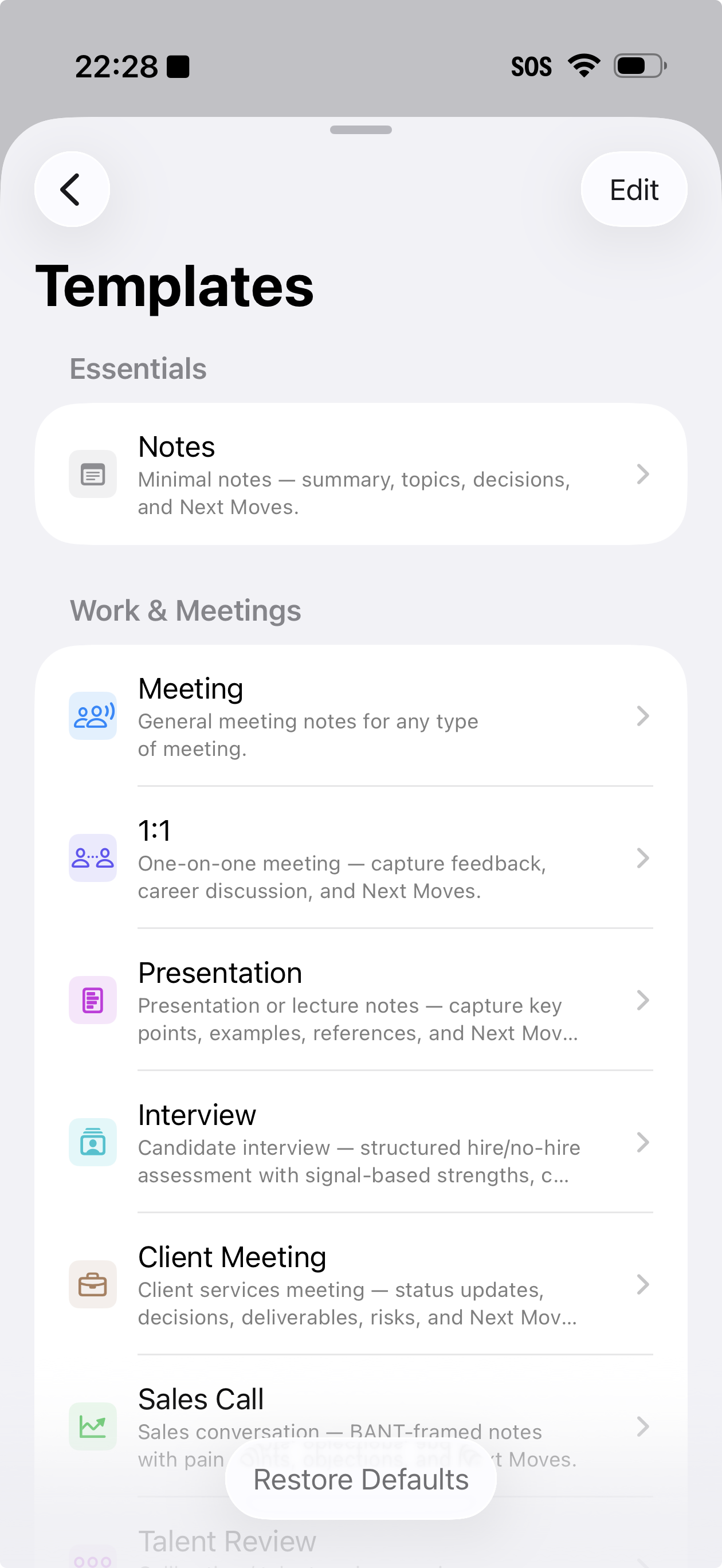 Cropped Précis Templates screen showing built-in template options.