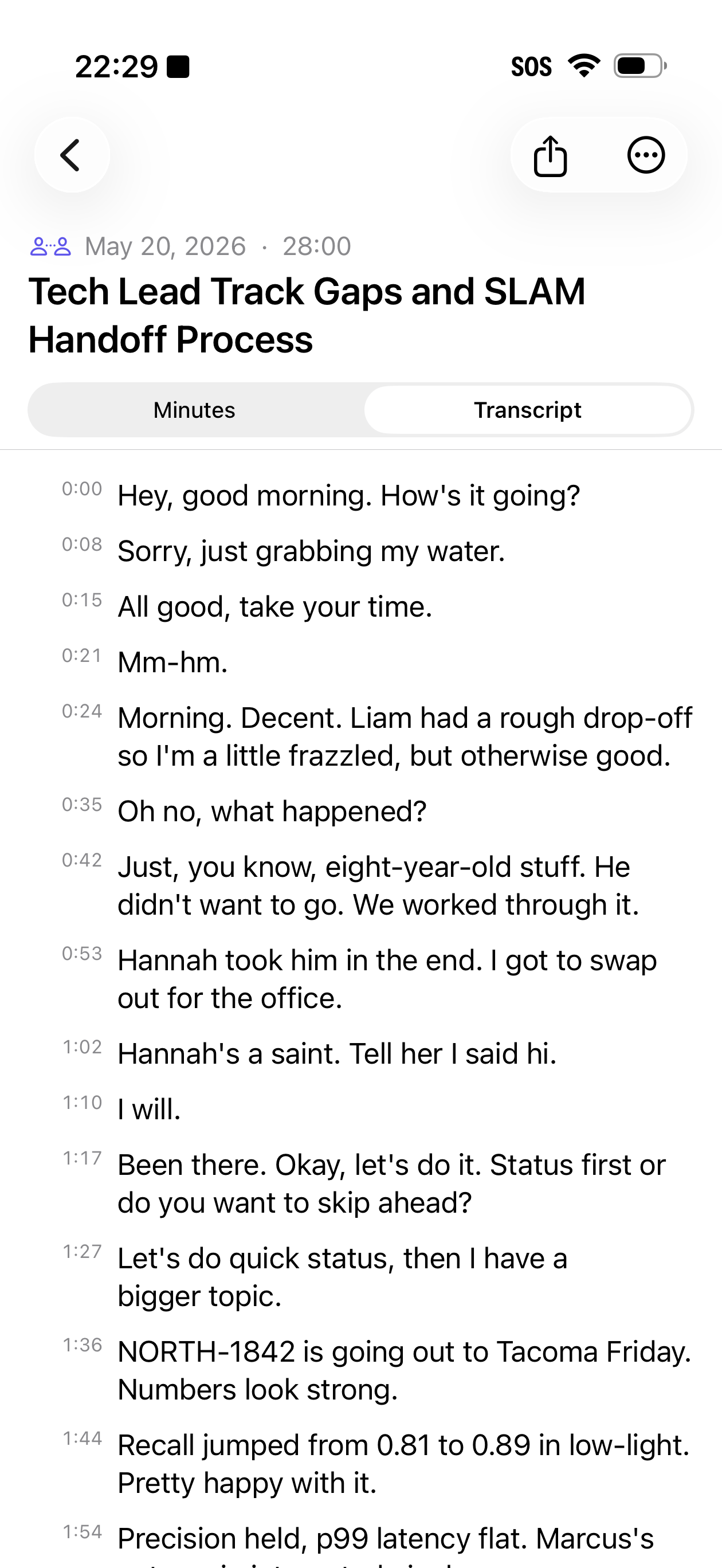 Cropped Précis transcript screen showing timestamped transcript lines.